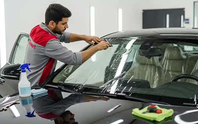 Auto detailing technician applying anti-glare and anti-fade coatings on car windows in Dubai