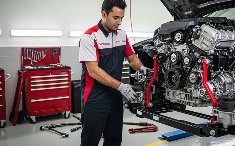 Auto technician performing turbocharger and fuel injector repairs inside a professional garage in Dubai