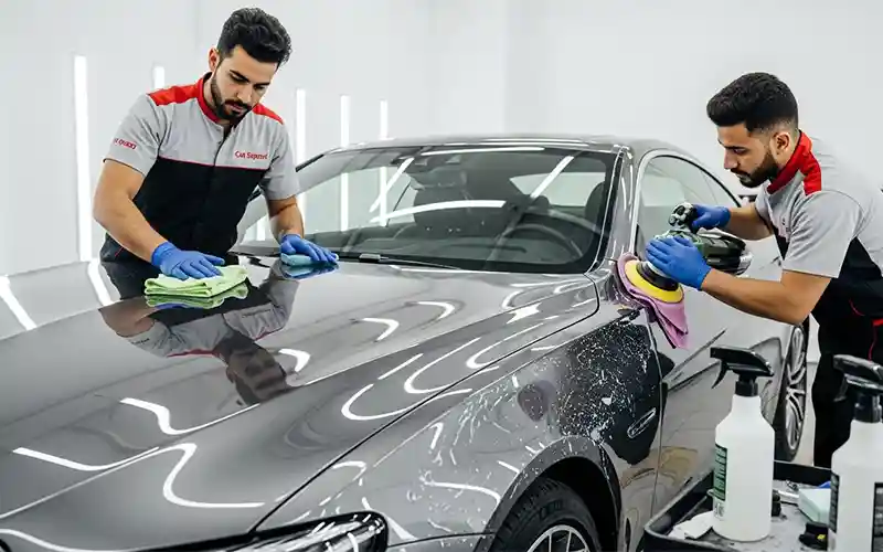 Auto spa technician performing exterior decontamination and clay treatment on a car in Dubai