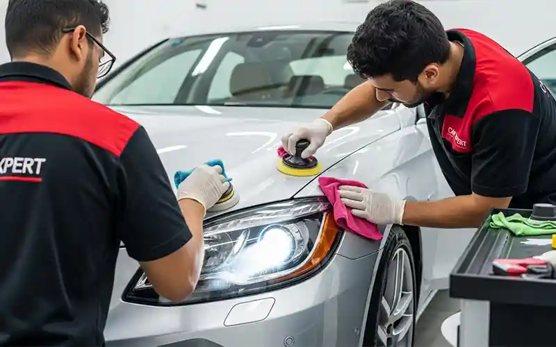 Auto spa technician performing headlight restoration and trim conditioning on a car in Dubai
