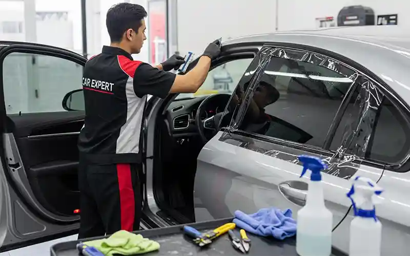 Auto detailing technician applying privacy and security films on a car in Dubai