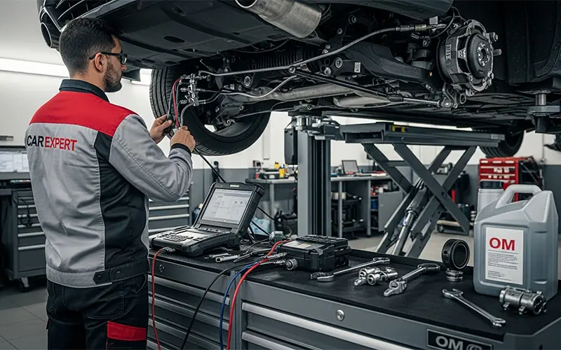 Certified auto technician performing reliable steering repair and diagnostics on a car in Dubai