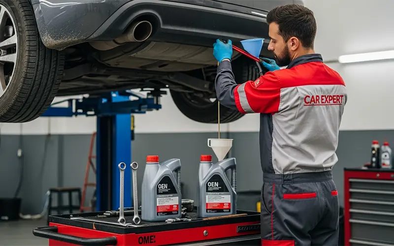 Automotive technician performing steering fluid flush and system maintenance on a vehicle in Dubai
