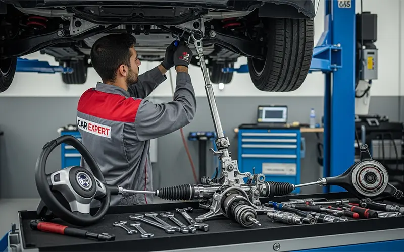 Professional auto technician replacing steering rack and steering column components on a vehicle in Dubai