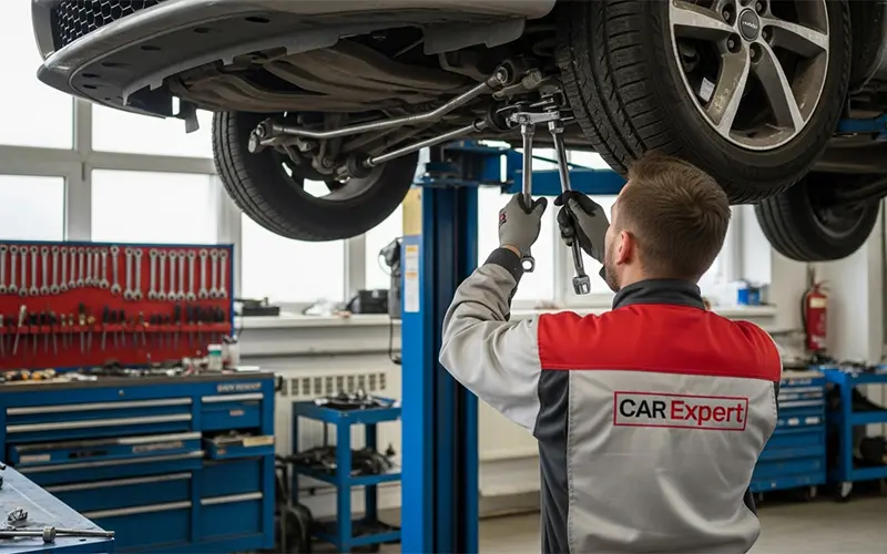 Auto technician inspecting and repairing tie rods and steering linkage components on a car in Dubai