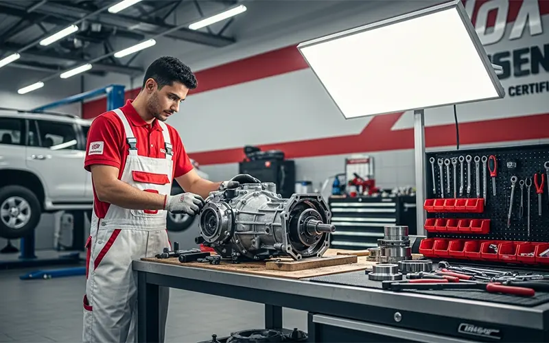 Expert technician repairing 4×4 or AWD transfer case in Dubai auto garage