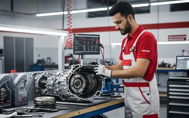 Technician performing automatic gearbox repair and service on a car in Dubai