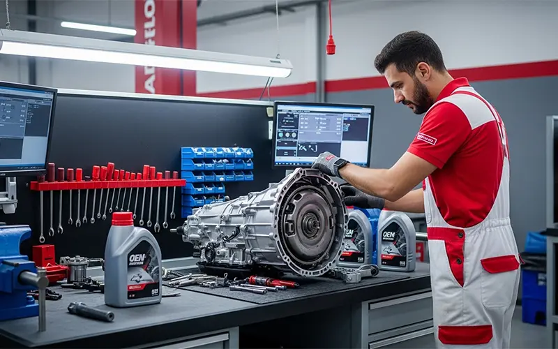 Expert technician servicing automatic transmission in Dubai auto garage