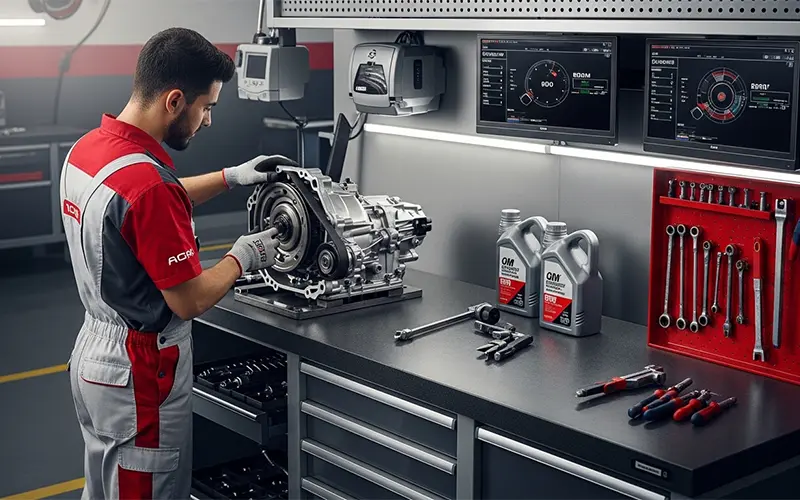Mechanic performing CVT transmission repair on a car in Dubai
