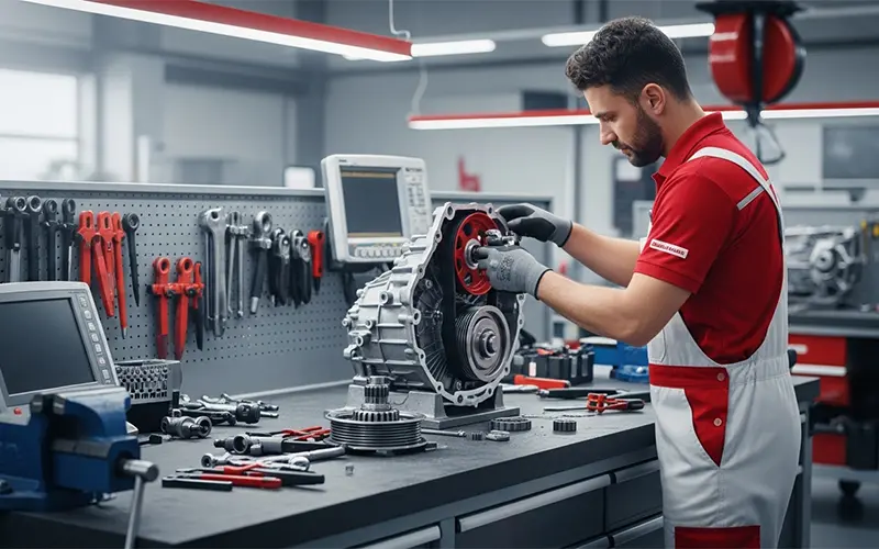 Mechanic performing CVT transmission repair on a car in Dubai