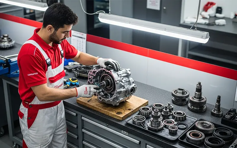 Mechanic performing complete gearbox rebuild and overhaul on a car in Dubai