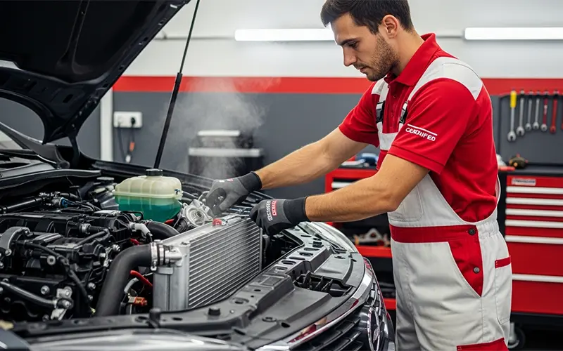 Auto technician performing cooling system repairs on a car inside a professional garage in Dubai