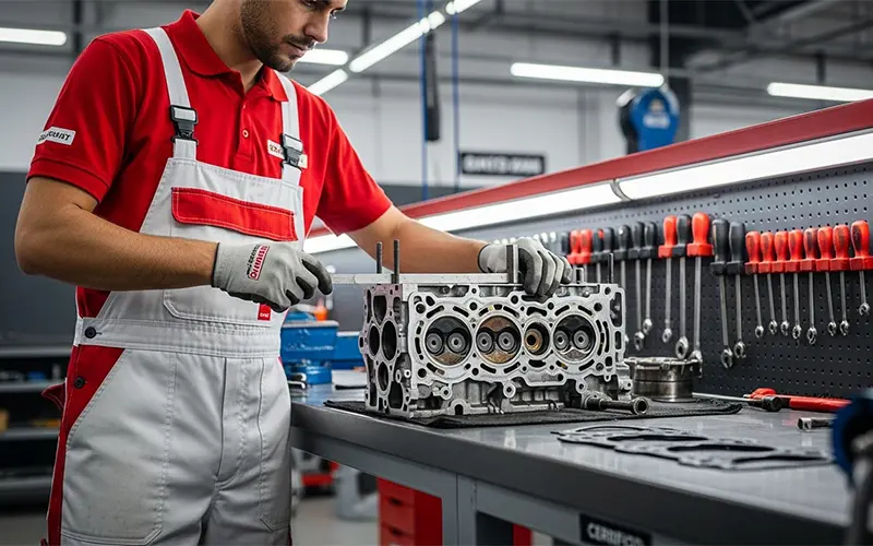 Auto technician performing engine diagnostics and troubleshooting inside a professional garage in Dubai