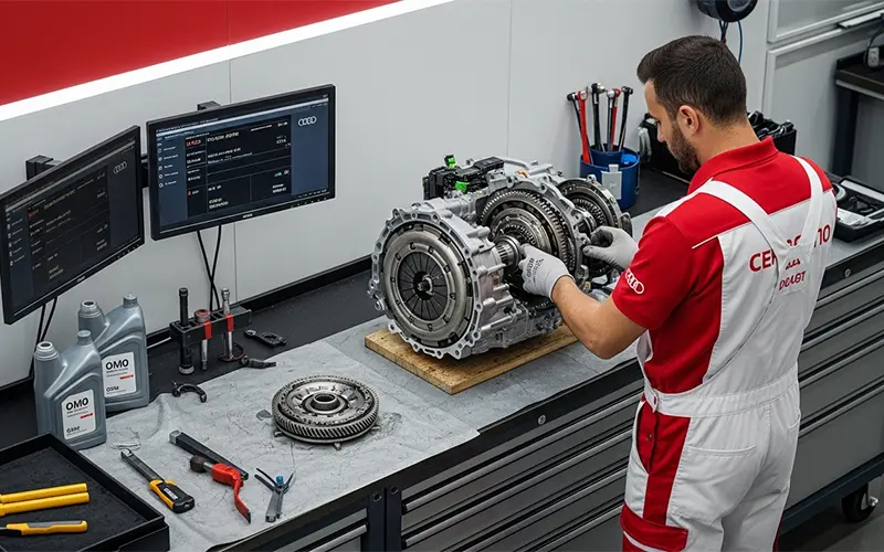 Mechanic performing DSG / DCT gearbox repair on a car in Dubai