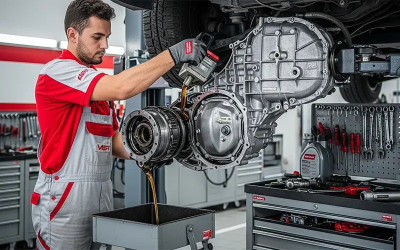 Auto service technician performing differential and transfer case oil change on a car in Dubai