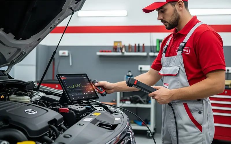 Auto technician performing engine diagnostics and troubleshooting on a car in Dubai