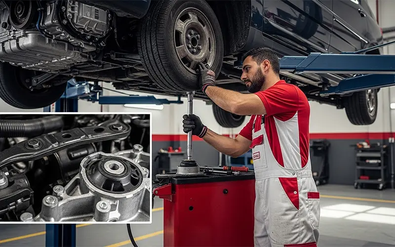 Auto technician performing engine mount and support replacement inside a garage in Dubai