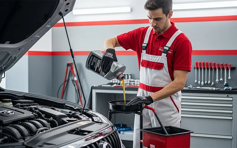 Auto service technician performing engine oil and filter change on a car in Dubai