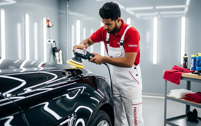 Auto detailing technician performing exterior car polishing in Dubai for deep shine and paint restoration