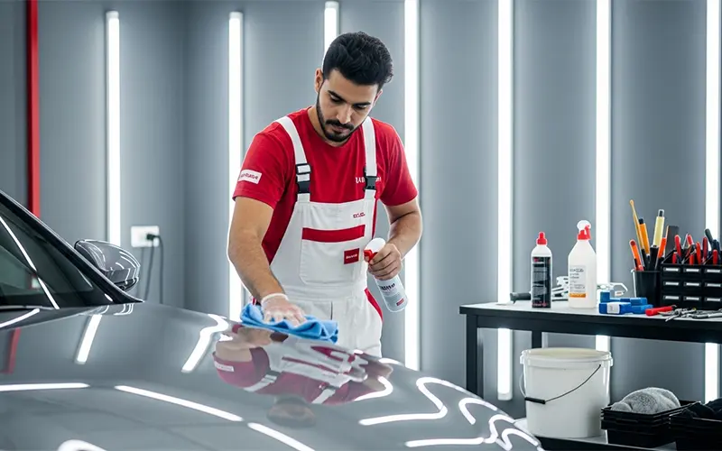 Detailing technician performing full exterior cleaning and shine treatment on a car in Dubai