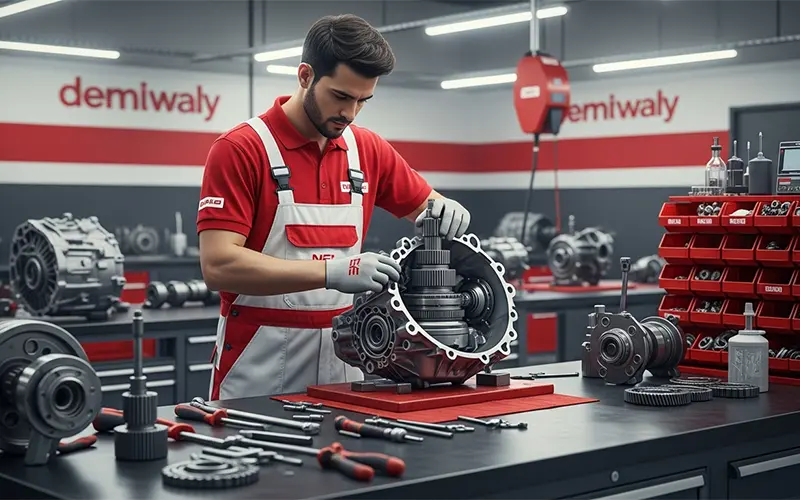 Car undergoing professional gearbox overhaul service in Dubai workshop