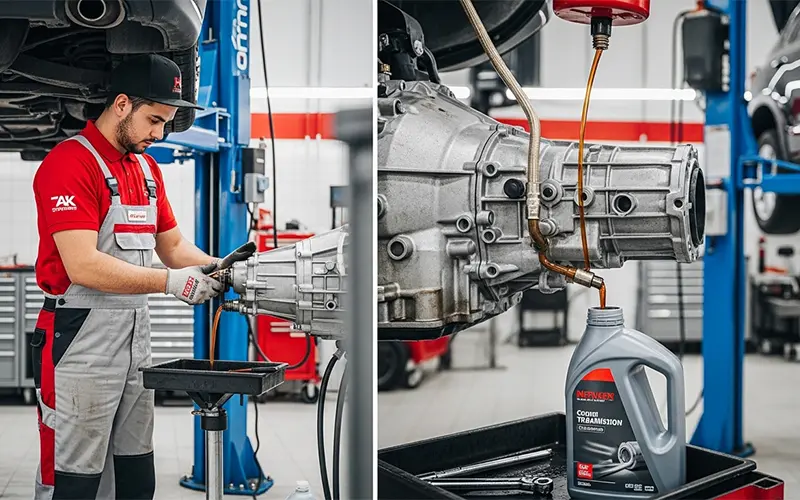 Auto service technician performing transmission and gearbox oil change on a car in Dubai
