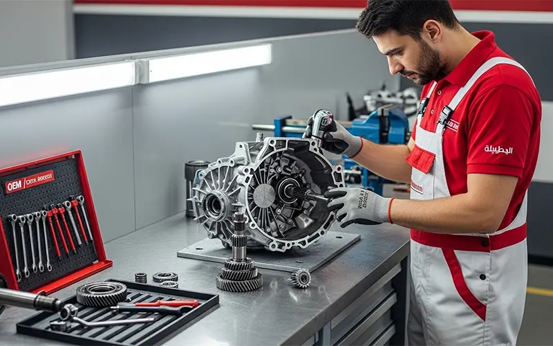 Mechanic performing manual gearbox repair on a car in Dubai