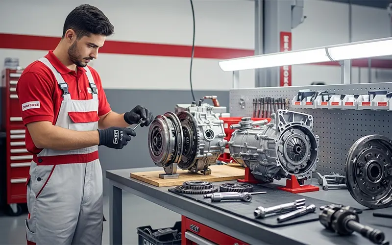 Expert technician repairing a manual gearbox in Dubai auto garage
