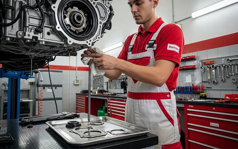 Auto technician repairing oil leaks and replacing engine seals inside a professional garage in Dubai