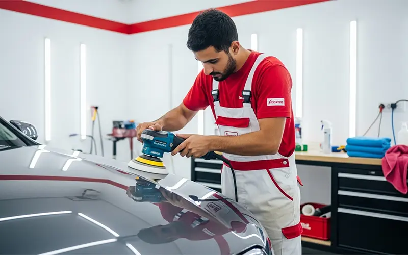 Auto detailing technician performing paint enhancement polish to restore gloss and remove minor defects