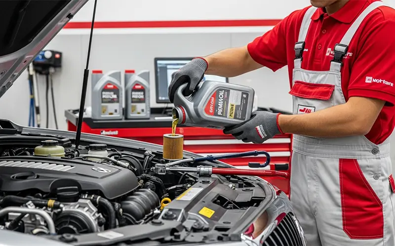 Auto service technician performing premium car oil change in Dubai
