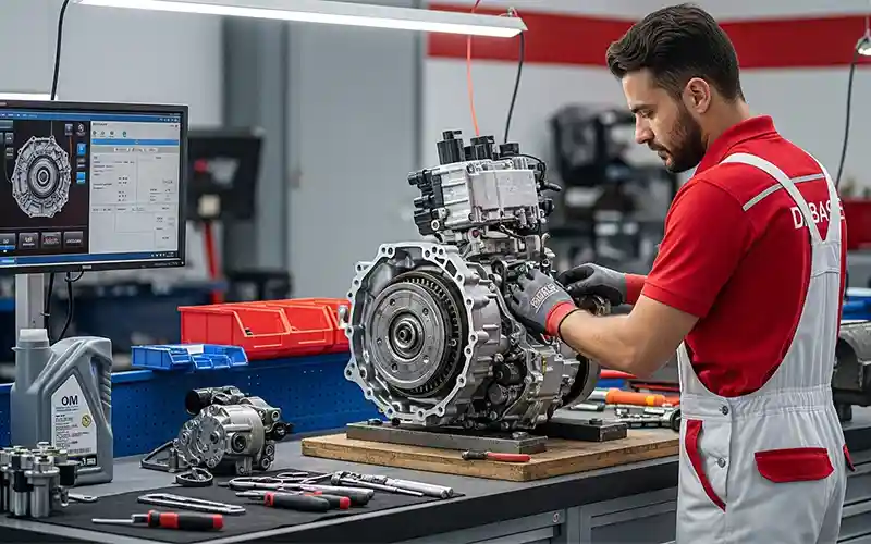 Mechanic performing premium gearbox repair service on a car in Dubai