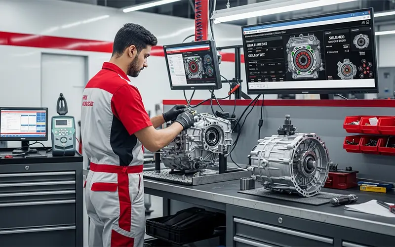 Mechanic performing premium transmission repair service on a car in Dubai
