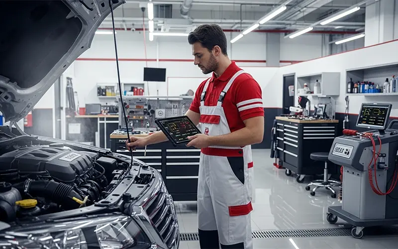 Experienced engine repair specialists in Dubai inspecting and repairing a car engine