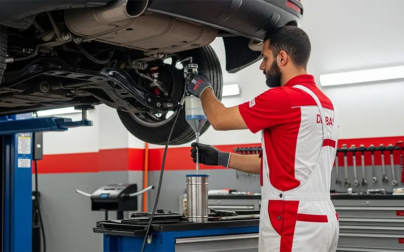 Auto service technician performing power steering and hydraulic fluid change on a car in Dubai