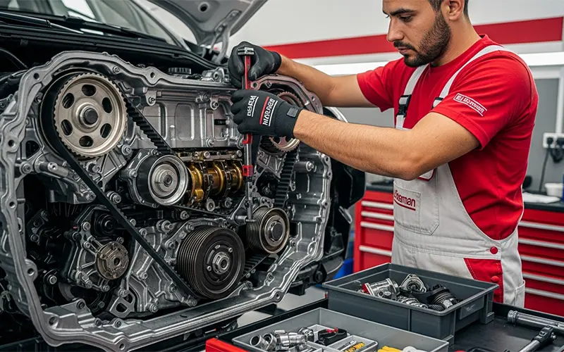 Auto technician replacing a car’s timing belt and chain inside a professional garage in Dubai