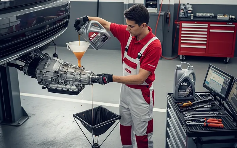 Mechanic changing transmission fluid and gear oil in a car in Dubai