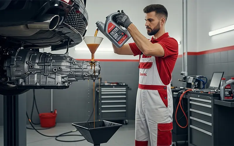 Skilled mechanic servicing car with transmission fluid change in Dubai