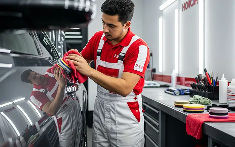 Detailing technician performing trim and chrome polishing on a car in Dubai for shine restoration