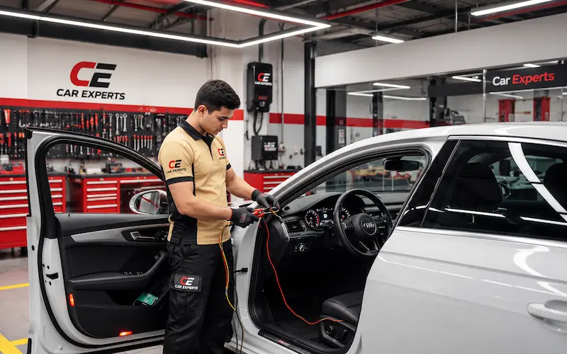 Technician testing an Audi dashboard with electrical diagnostic leads