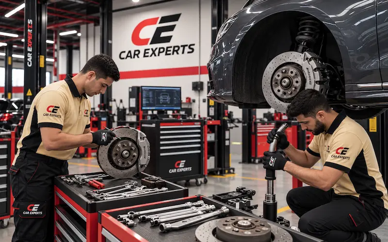 Technicians inspecting brake discs and workshop components beside a raised car