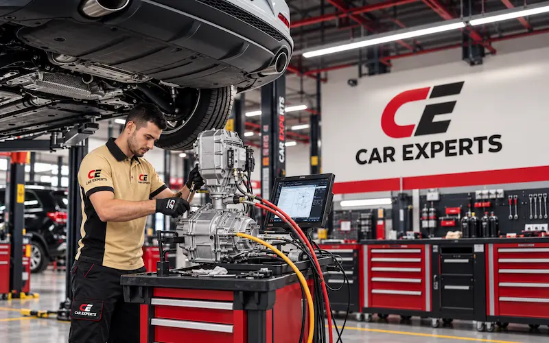 Technician testing a removed gearbox beside a diagnostic laptop