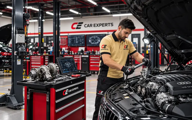 Mechanic working on an Audi V8 engine beside turbocharger components