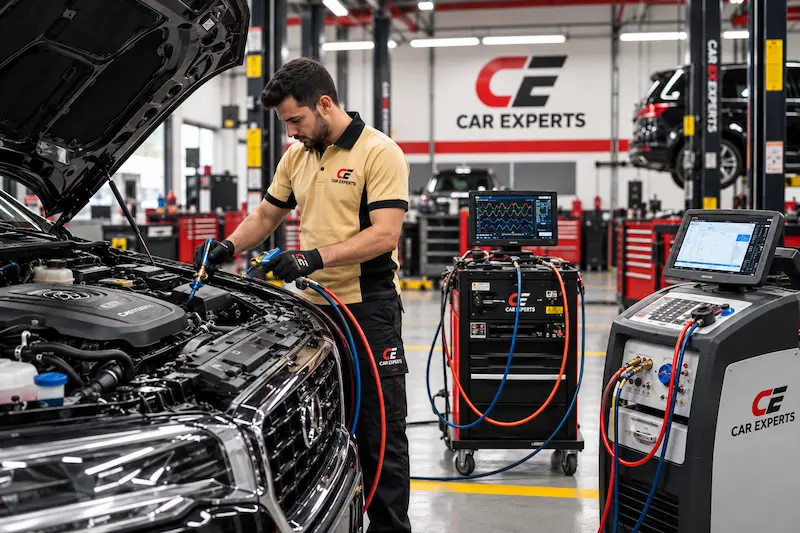 Technician checking an Audi AC system with hoses and diagnostic equipment