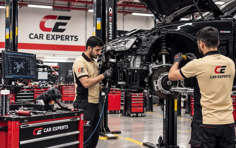 Technicians working on the exposed front suspension of a raised car