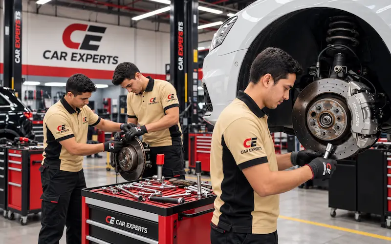 Technicians inspecting brake discs and calipers in a car workshop