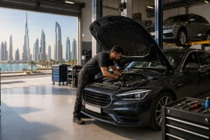 Professional mechanic inspecting a luxury sedan inside a modern car garage with Dubai’s skyline visible in the background.