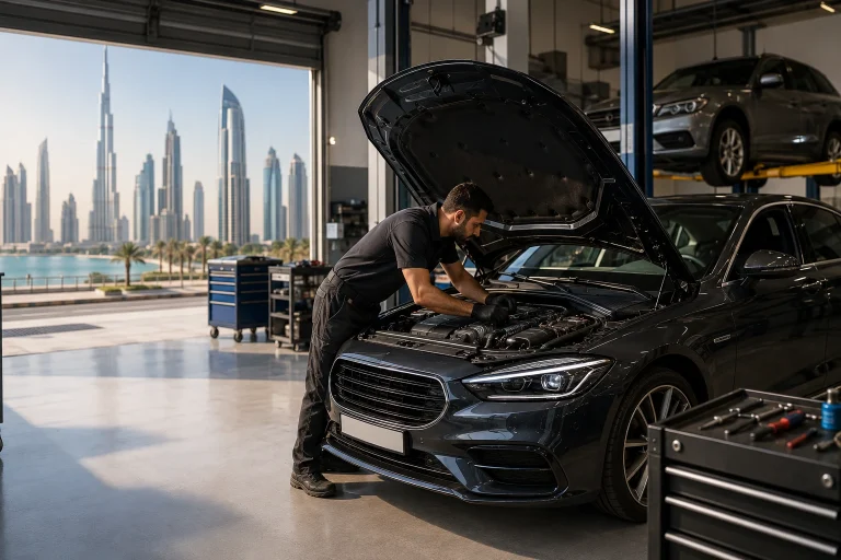 Professional mechanic inspecting a luxury sedan inside a modern car garage with Dubai’s skyline visible in the background.