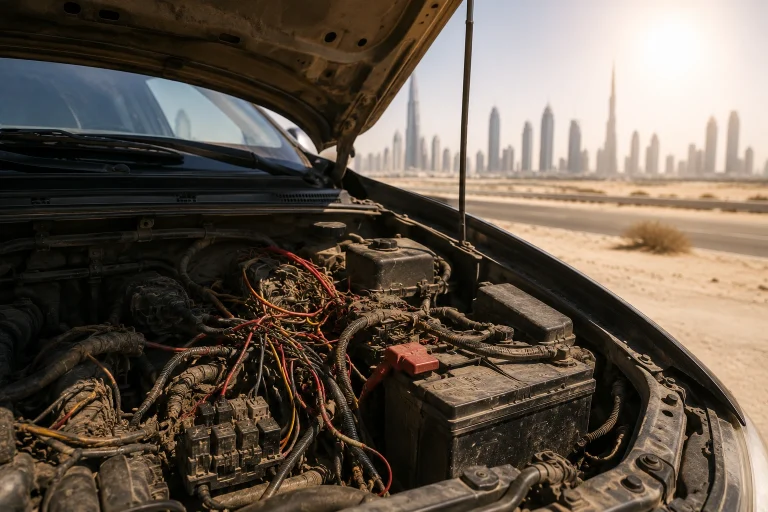 Close-up of a car’s engine bay with exposed electrical wiring and battery components under intense desert heat, with a Dubai skyline blurred in the background.