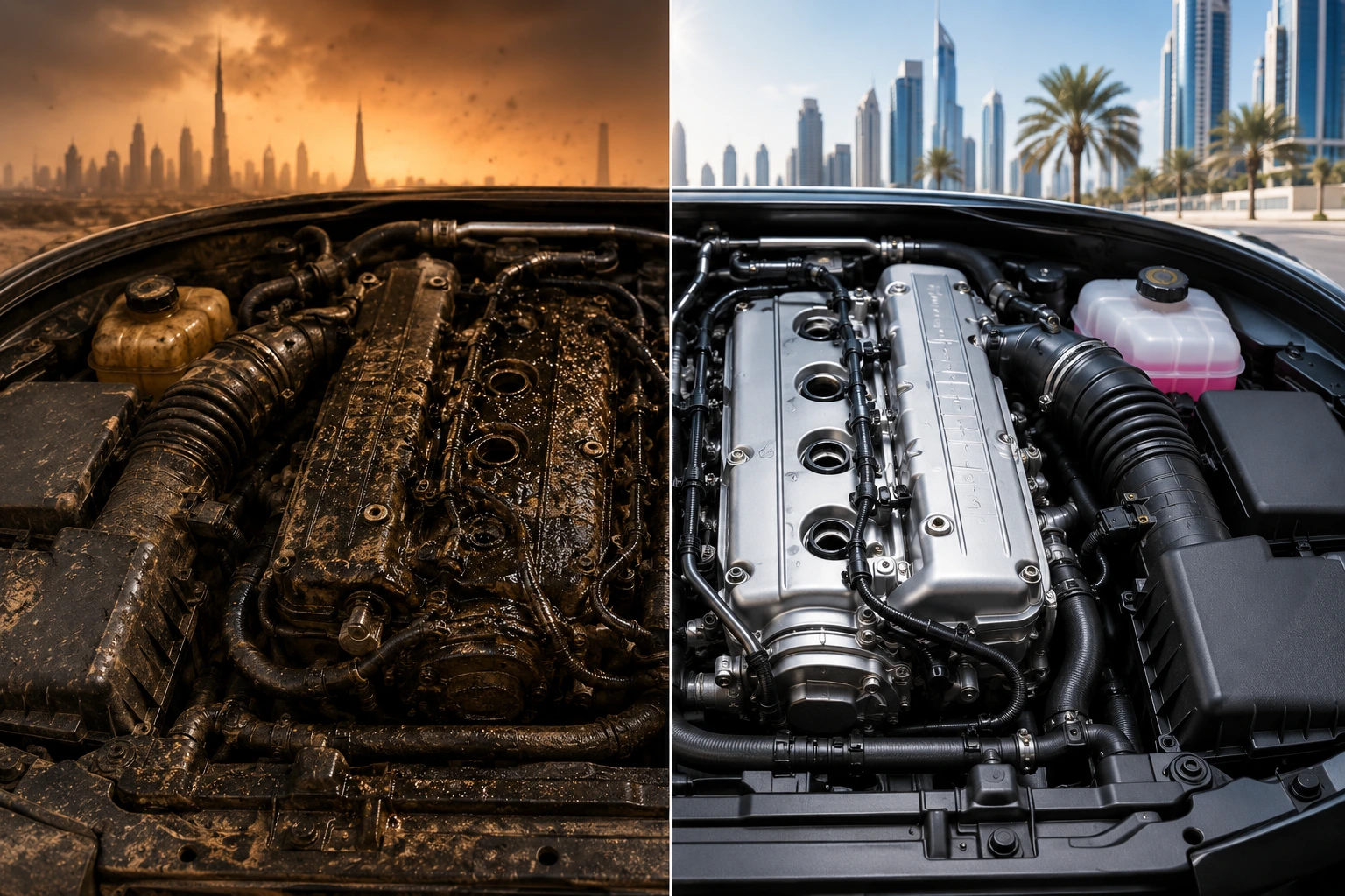 Side-by-side comparison of a dirty engine before an oil change and a clean engine after maintenance, highlighting improved engine condition and performance in UAE driving conditions.